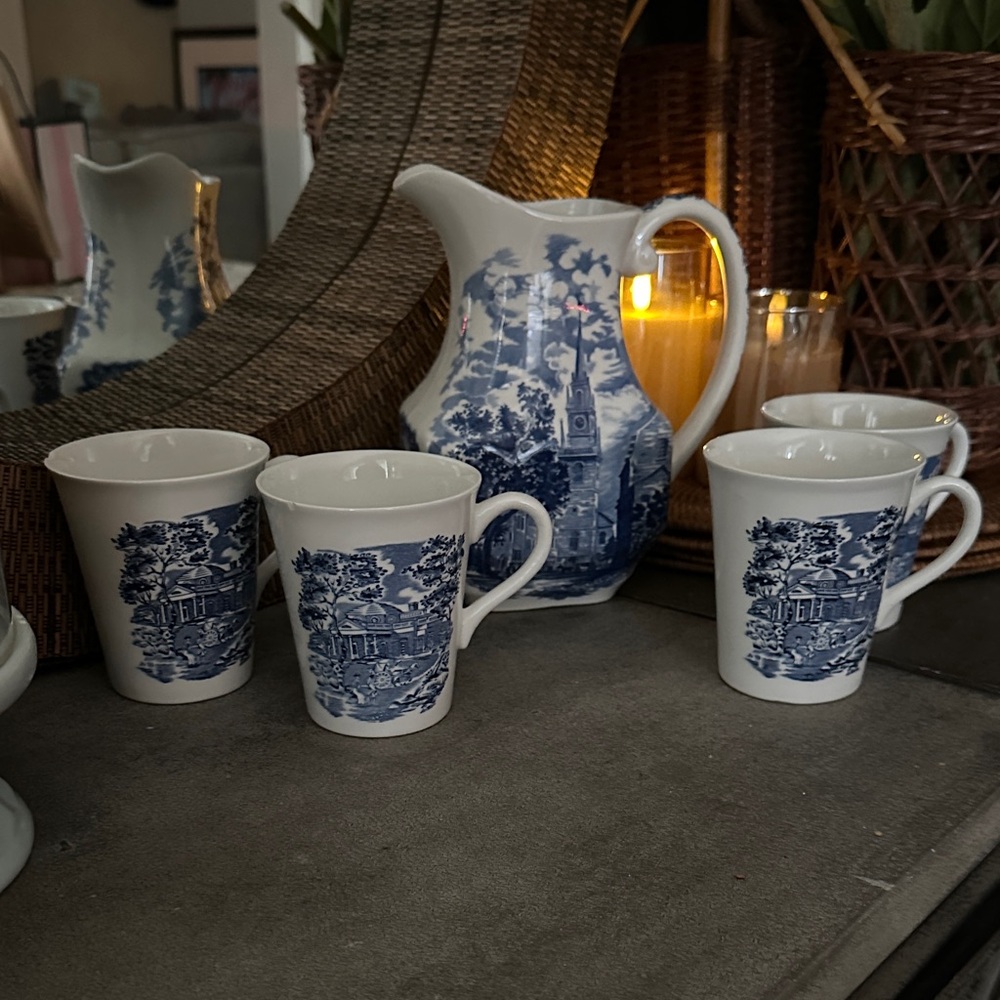 Classic Blue and White Ceramic Pitcher and Mug Set